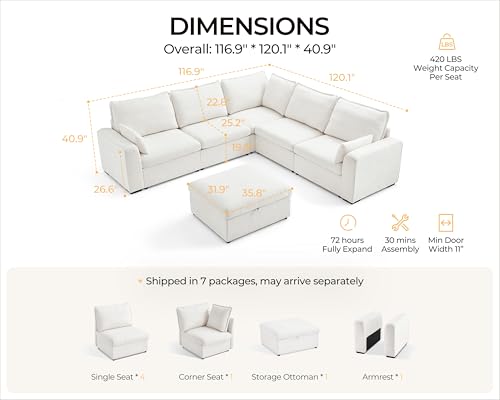 Image of 120.1'' Oversized Modular Sectional Sofa Plush Cloud Couch with Storage, Convertible Deep L-Shaped Sofa Set for Living Room, 6-Seater with Corner and Ottoman, Chenille, White