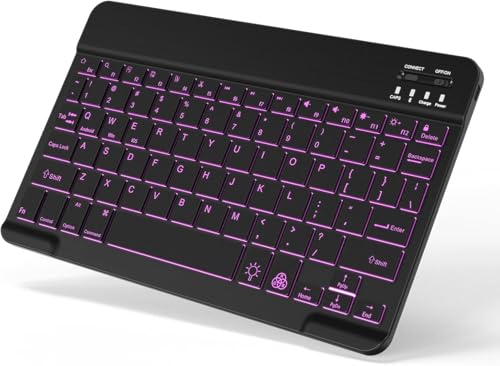 Image of ProElite Ultra-Slim Bluetooth Keyboard Upto 11.5 inch Portable Mini Wireless Rechargeable Keyboard for Apple iPad, iPhone, Samsung /Lenovo Tablets, iPadOS /iOS /Android Built-in 7-Colors Backlit, Black