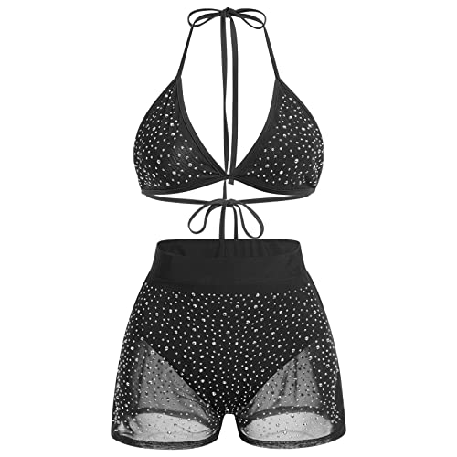 Women Sparkle Rhinestone Mesh Sheer Bikini Sets Halter Bra Top High Waist Shorts Bottom Swimsuits Rave Outfit