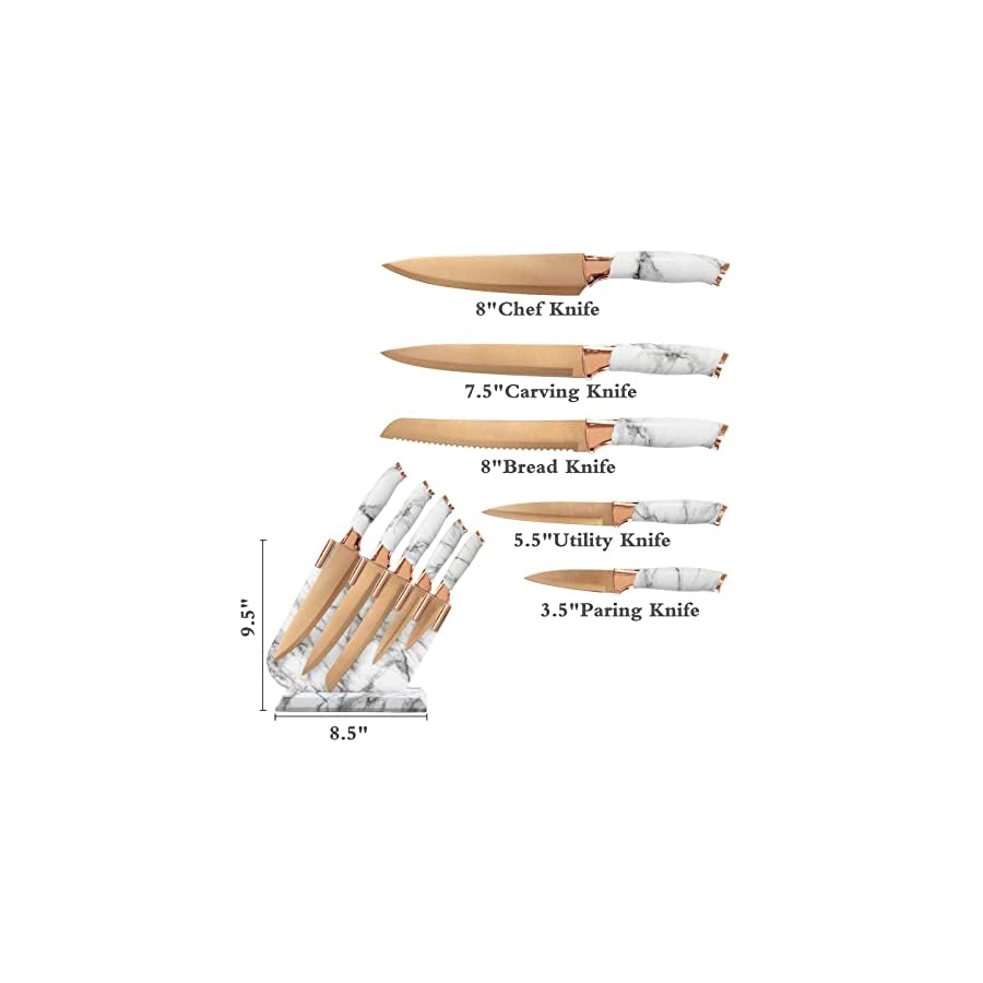 Knife-Set-Non-Stick-Champagne-Gold-Knives-Set-with-Acrylic-Storage-Block-6-Pieces-Sharp-Knife-Set-Stainless-Steel-Beautiful-White-Marbling-Handle-Rainbow-Blade-Kitchen-Knife-Champagne-Gold-Blade Knife Set Non Stick, Champagne Gold Knives Set with Acrylic Storage Block, 6 Pieces Sharp Knife Set, Stainless Steel Beautiful White Marbling Handle Rainbow Blade Kitchen Knife (Champagne Gold Blade)