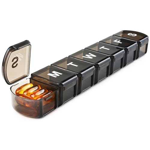 XL Weekly Pill Box Organizer 7 Day, 1 Week Jumbo Pill Dispenser Case One Time a Day, MOLN HYMY Daily Medicine Container to Hold Medication, Vitamins, Fish Oils and Supplement (Black