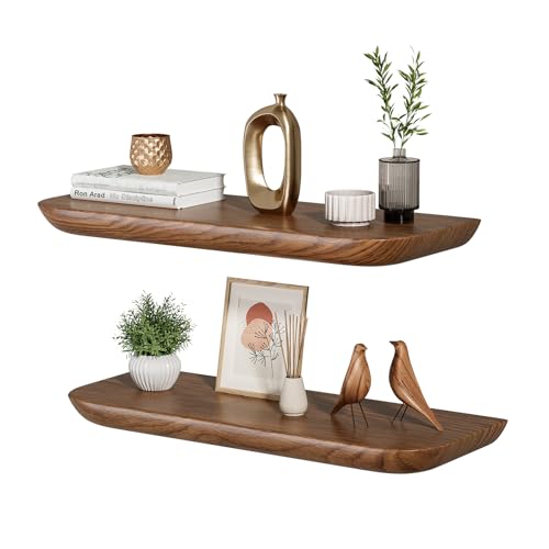 Hrbjunuo Solid Walnut Floating Shelves for Wall 16.5 Inch Set of 2 Round Edge Wall Mounted Shelf Rustic Farmhouse Wooden Floating Shelf Wood Wall Shelf for Bathroom Living Room Bedroom Kitchen