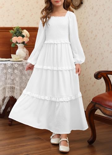 HOSIKA Girls Fall Long Sleeve Swiss Dot Smocked A-Line Ruffle Tiered Flowy Maxi Dress with Pockets 6-12 Years2