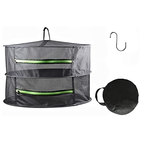HYDGOOHO 2 Layer 2ft Herb Drying Rack Net Dryer Black Mesh with Green Zippers Hydroponics,Bonus Hook (2Tier-D24xH18inch) Cover