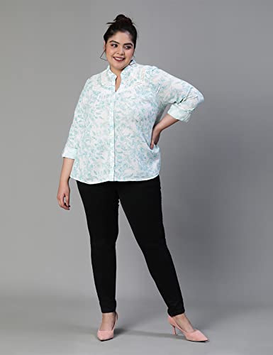 Image of oxolloxo Women Plus Size Floral Print Mandrain Collared Cotton Shirt