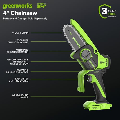 Image of Greenworks 24V 4' Brushless Mini Chainsaw (Auto Oiler, Tool-Free Tensioning, Ultra-Lightweight), Battery and Charger Not Included