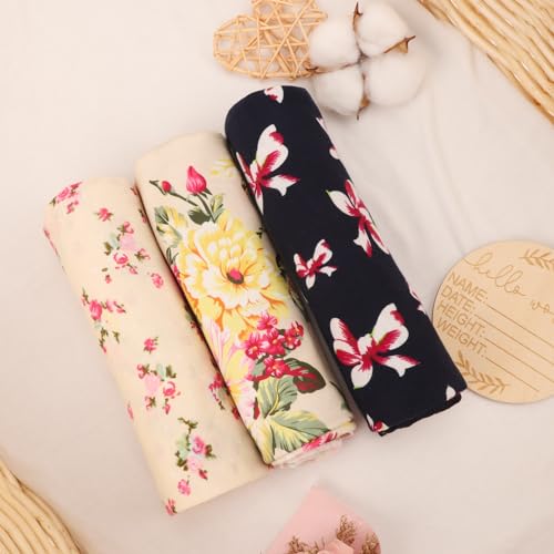 Image of DRESHOW BQUBO Floral Swaddles for Baby Girl Newborn Receiving Blanket with Bow Hat Mittens Wooden Birth Announcement Card Set Baby Floral Print Swaddle Nursery Swaddle Wrap