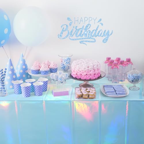 Image of 3 Pack Iridescent Light Blue Tablecloth for Parties, Pastel Blue Holographic Plastic Table Cover, Disposable Laser Baby Blue Table Cloth for Birthday Wedding Baby Shower Party Decorations, 54x108 Inch