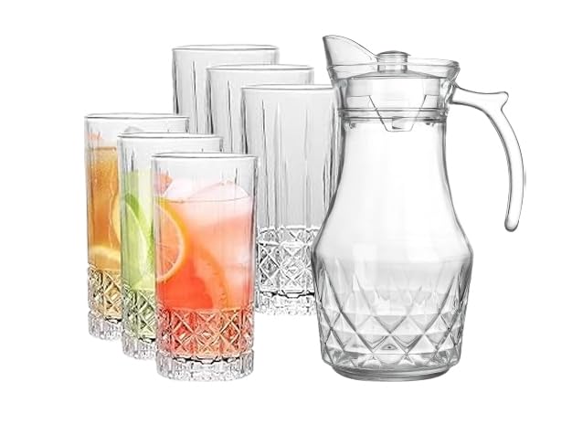 Image of bellemax Premium Water and Juice Glasses Set of 6 and Jugs Set Combo,(6 Pieces Glasses 230ML and 1 Water Juice Jug 1 Liter), Transparent, Glass and Jug Set for Dining Table (Golden - A)