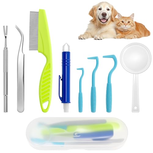 QWORK® 8 Pièces Tire Tique pour Chien Set, Pince a Tique, Crochet à tiques, Peigne et loupe, pour Animaux de Compagnie
