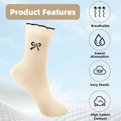 4 Pairs Women's Ribbed Crew Socks, Cute Bow Print Mid-Calf Ankle Sock, Soft Cotton Ruffle Socks for Girls & Ladies, Fashion Coquette-Style Knit Socks for Casual Wear and Gift3