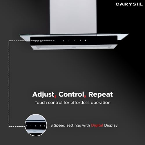 Image of Carysil Gusto 90 cm Kitchen Chimney, 1000 m /hr Suction Capacity, Baffle Filter Autoclean Chimney, 3-speed Touch Controls, Metal Housing, Inox Body & Tempered Finish, 7-year Motor Warranty