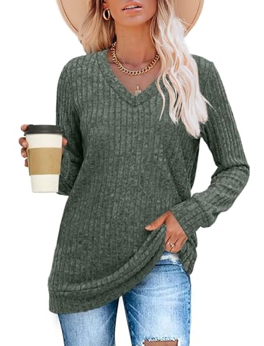 V Neck Long Sleeve Shirts for Women Casual Fall Tops Lightweight Tunic Sweaters Fashion Clothes 20253
