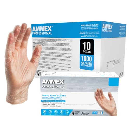 AMMEX Clear Vinyl Disposable Exam/Medical Gloves 3 Mil, Latex/Powder-Free, Food-Safe, Smooth, Non-Sterile Large, Case of 1000