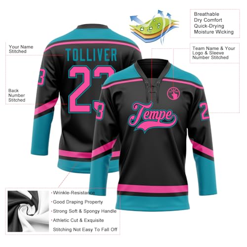 Custom Youth Ice Hockey Uniforms Black Teal Pink Boys Girls, Design Your Own Team Name Number Logo Hockey Practice Jerseys, Personalized Lace-up Neck Long Sleeve Athletic Sports Fans Shirts Men Women - Thumbnail 3