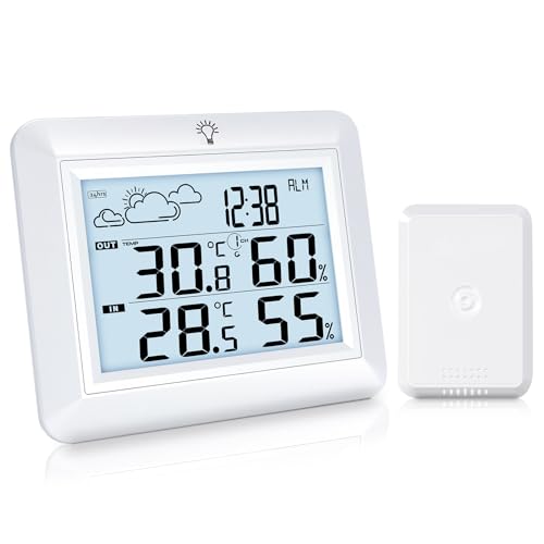 Urageuxy Wetterstation Funk mit Außensensor, Thermometer Innen Außen mit Wettervorhersage, Hygrometer, Weckzeiten, MIN/MAX-Aufzeichnung, 100m Reichweite, LCD Backlight Display Urageuxy Wetterstation Funk mit Außensensor, Thermometer Innen Außen mit Wettervorhersage, Hygrometer, Weckzeiten, MIN/MAX-Aufzeichnung, 100m Reichweite, LCD Backlight Display