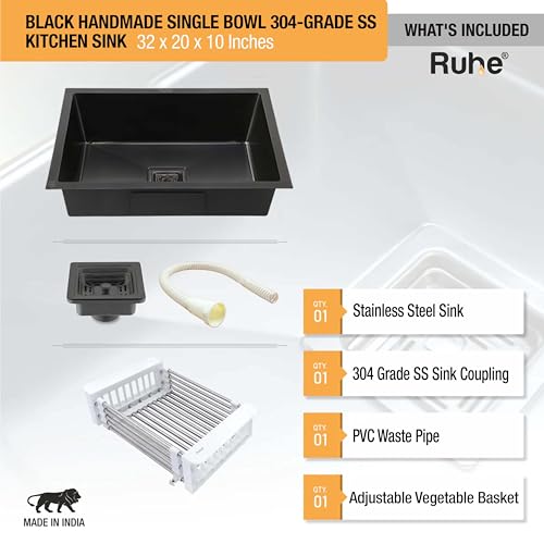 Image of Ruhe Black Handmade Single Bowl Kitchen Sink - 32x20x10 inches | 304-Grade Stainless Steel Sink | PVD Coating Matte Finish | Kitchen Sink Including Coupling, Waste Pipe & Vegetable Washing Basket
