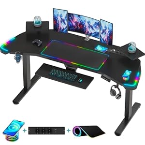LED Gaming-Tisch 186cm, Höhenverstellbarer Schreibtisch, Höhenverstellbar Elektrisch mit Kabellosem Ladegerät, Steckdose, RGB-Mauspad und Tastaturablage, Computertisch