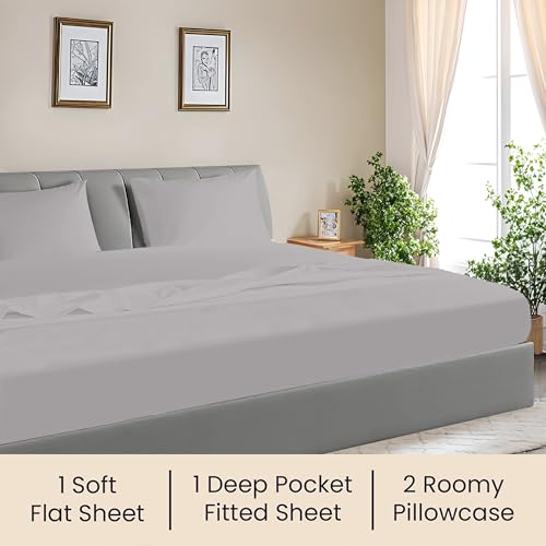 Image of SGI Bedding 144 inch W x 84 inch L 4Pc Family XL Sheet Set 100% Egyptian Cotton - 600 Thread Count, Fits 12 inch Deep Pocket - Soft Breathable Oversized Sheets, for Extra Large Beds - Light Grey