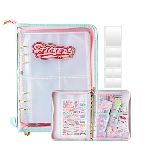A5 Sticker Collection Organizer Binder kit large capacity (65 sheet), PU leather clear sticker storage book album with zipper closure,double-sided Collecting for journal scrapbook planner (Green)