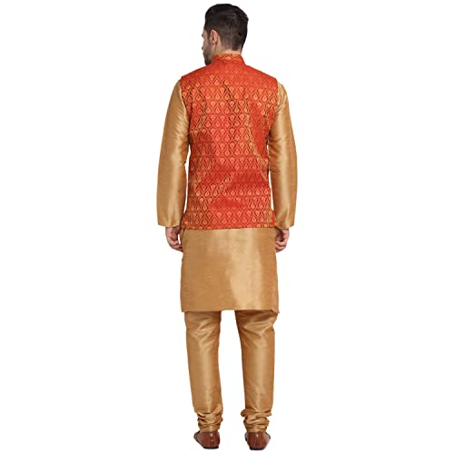 Image of KRAFT INDIA Mens Gold Silk Blend Kurta and Churidar Set With Jacquard Paisley Nehru Jacket