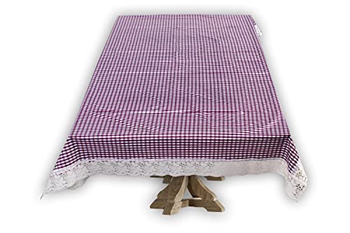 Image of The Furnishing Tree Waterproof PVC Rectangle Shaped 8 Seater Table Cover WxL 60x108 inches Pin Check Pattern Voilet with White Border lace