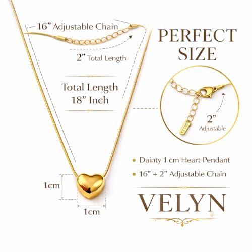 Image of VELYN Gold Plated Heart Pendant Necklace for Women | 16 inch + 2 inch Adjustable Chain | Minimal Daily Wear Jewellery | Gift for Girls, Wife & Girlfriend