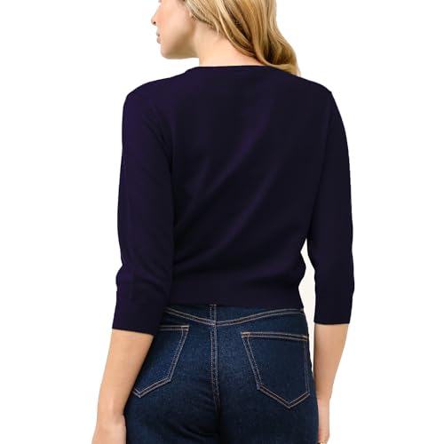 Image of Women's Cropped Cardigan 3 /4 Sleeve Crewneck Button Up Sweater Knit Top (S~XL)