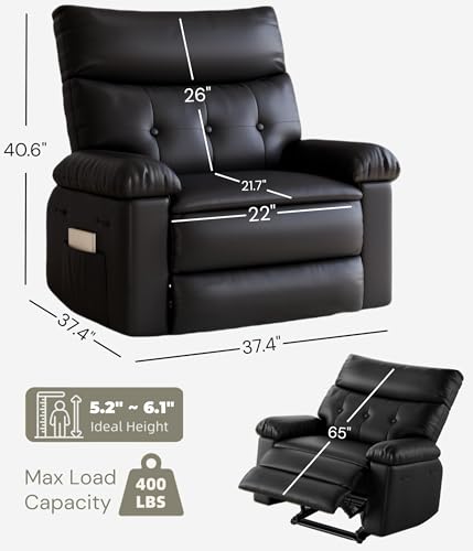Image of GarveeHome Leather Manual Recliner Chair for Adults - Heat and Massage | Lazy Recliner, Reclining Chair with Side Pocket, Soft Pillow, Single Sofa for Living Room & Bedroom