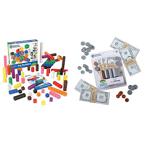 Learning Resources MathLink Cube Big Builders, Imaginative Play, Math Skills, Set of 200 Cubes, Ages 5+ & Pretend and Play, Play Money for Kids, Counting, Math, Currency, 150 Pieces, Ages 3+