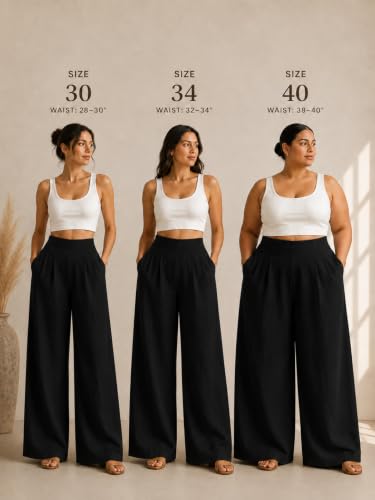 Image of Women's Relaxed Fit Pure Cotton Linen Flared Palazzo Pants for Woman | Wide Leg Casual Trousers with Pockets | Plazo Pants for Women | High Waisted Office & Travel Wear (Available in Plus Sizes)