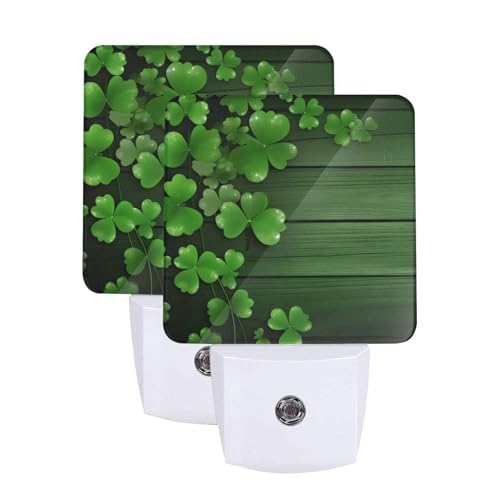 Image of Green Clovers Wood Night Light Set of 2, St Patrick's Day Auto Sensor LED Dusk-to-Dawn Nightlights, Plug-in Sensor Lamp for Bedroom Bathroom Kitchen Hallway Stairs Decorative