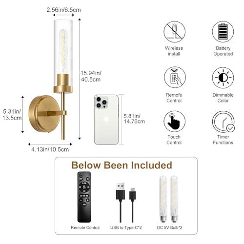 Image of Battery Operated Wall Sconce,Gold Wall Sconces 8000mAh Fast Chargin Dimmable 2Color Temperature Bulbs Endurance 100 Hours Infinitely with Remote Control Wireless Wall Lights for Bedroom Living
