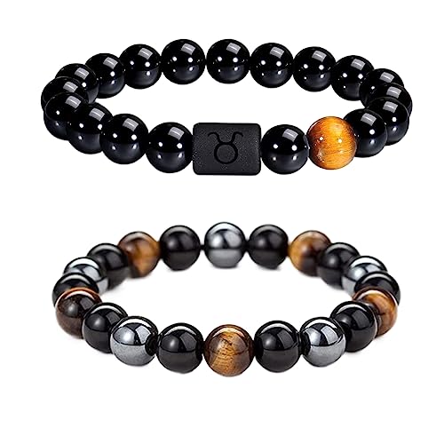 Caimeytie Lot de 2 Bracelets pour Homme réglables en Perles élastiques Constellation Signes du Zodiaque Porte-Bonheur 21,5 cm
