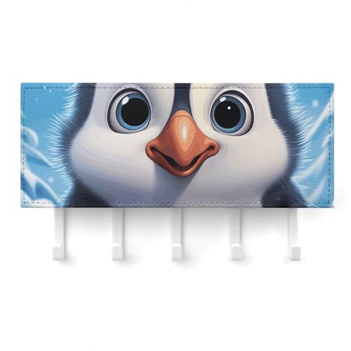 Porte-clés mural avec 5 crochets pingouin en cuir synthétique blanc pour la cuisine