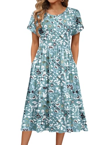 Image of HOTOUCH Women's Summer A-Line Midi Dresses 2026 Casual Floral Short Sleeve T-Shirt Dress Flowy Beach Sundress with Pockets