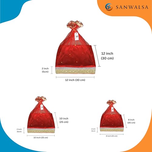 Image of (Set of 3-8 inch,10 inch,12 inch inch, Square, Red-Stone Lace) MDF Base Designer Gift Hamper Packaging Baskets with Net Cover, Gift Hamper Organiser Perfect for Any Occasion