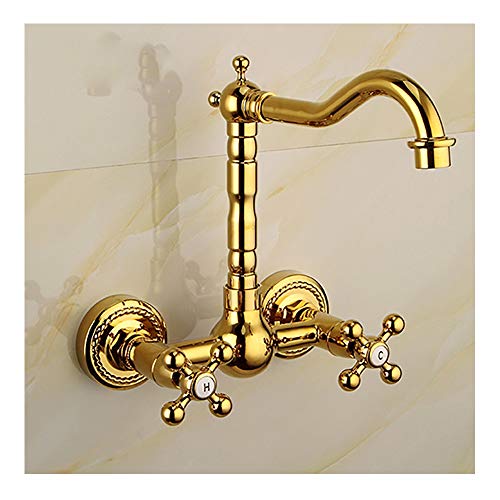 Rubinetti Per Lavandino Del Bagno In Oro, Miscelatore Per Vasca Con Doppia Maniglia A Doppio Foro Rubinetto Per Lavandino Del Bagno In Ottone Antico Con Montaggio A Parete, Per Hotel