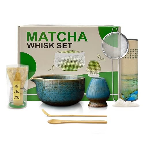 Mabecol Matcha Kit 8 Pièce avec Bol Bec Verseur 510ml, Chasen Bambou, Support, Cuillère, Tamis, Kit Matcha Idéal CompletLatte, Petit Déjeuner, Cadeau Thé...