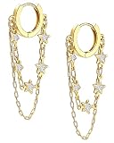 Shownee Tassel Chain Small Gold Hoop Dangle Earring For Women Huggie Earring Heart Star CZ 14K Gold Plated Fashion Jewelry Mothers Day Gifts for Mom