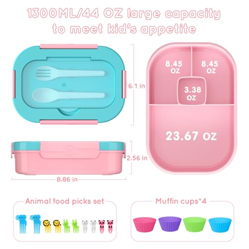 Image of Lunch Box Kid Adult Bento Box, 4-Compartment Food Lunch Containers with Fork & Spoon, BPA Free, Leak-Proof Bento-Style Lunch Box for Work School, Microwave & Dishwasher Safe (Candy)