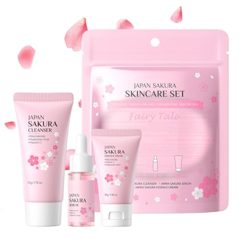 3 Stück Sakura Skincare Set,Japanese Skin Care Set mit Gesichtsreiniger,Gesichtsserum & Gesichtscreme,Geschenke für Teenager Mädchen,Anti Aging Gesichtspflege Set Damen Set,Reisegrößen Hautpflege Set