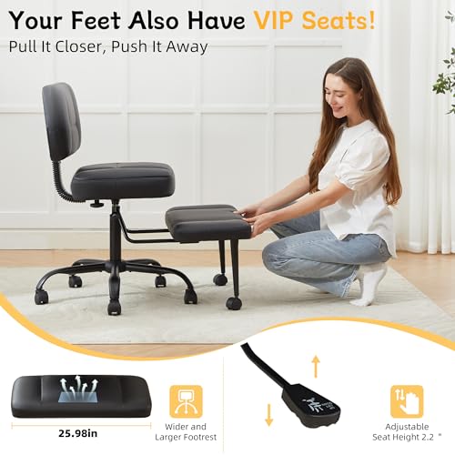Image of Criss Cross Legged Office Chair with Wheels,Swivel Meditation Chair for ADHD,Ergonomic Cross Legged Desk Chair with Thicken Adjustable Footstool,PU Sitting Fidgeting Kneeling Chair for Home Yoga Black