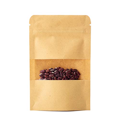 CozofLuv 100 Stück Kleine Braune Papier Beutel Mit Sichtfenster für die verpackung von Kaffee Tee Lebensmittel Zipper Pouches Bags (9x14+3cm)