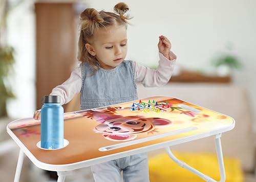 Image of Amazon Brand - Jam & Honey Foldable Laptop Table for Kids 4+ Years, Portable Study Bed Desk with Cup Holder, Tablet Stand & Ludo Game, Cute Lion Design, BIS Certified Child Safe