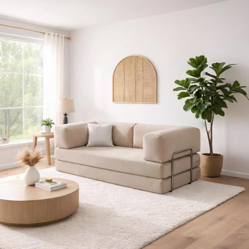 Image of Torque Vegas Three Seater Sofa Cum Bed for Sleeping-Beige | Premium Suede Fabric 3-Seater Double Foam Fold Out Sofas Bed | Convertible 3-in-1 Sofa Cuma Bed for Office