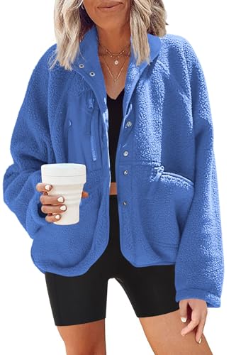Image of Nirovien Womens Fuzzy Fleece Jacket Button Down Sherpa Coats Casual Winter Warm Outwear with Pockets(Bright Blue,S)