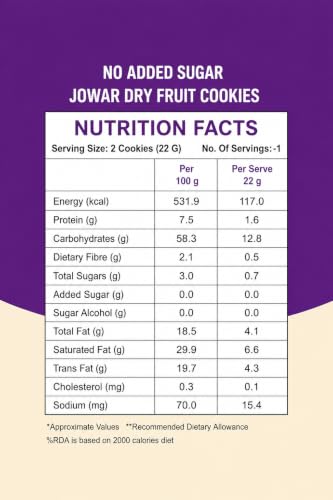 Image of Midbreak No Added Sugar Jowar Millet & Dry Fruit Cookies 100g | Gluten-Free High-Fiber Healthy Biscuits | Diabetic-Friendly Snack with Nutritious Dry Fruits | Pack of 1
