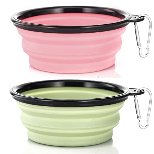 Image of SLSON Plastic, Dog Bowl Pet Collapsible Bowls, 2 Pack Collapsible Dog Water Bowls, Portable Pet Feeding Watering Dish 2 Carabiners (Small, Fairy Pink+Sprout Green, 12.7 X 9 X 5.5 Cm)