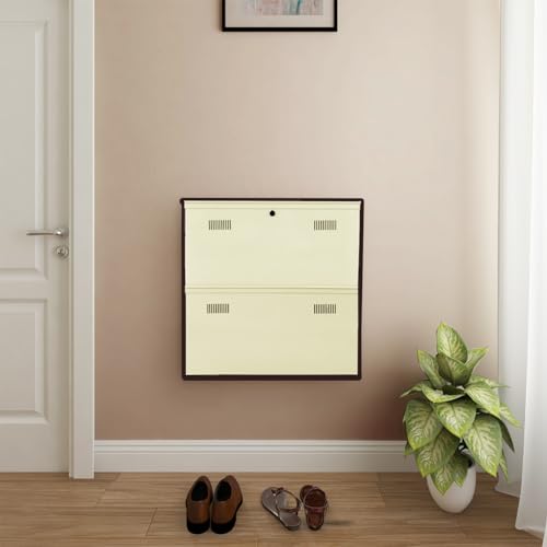 Image of Metal Shoe Rack Wall Mounted for Home with Central Locking 2 Door 28 inch Wall Mounted Metal 6 Pair Shoe Rack Cabinet Pre-Assembled Rack Shelves|3 Year Warranty (Brown & Ivory)